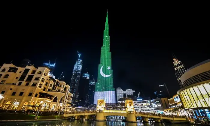 Pakistani Flag showcased on Burj Khalifa Dubai on Pakistan Day