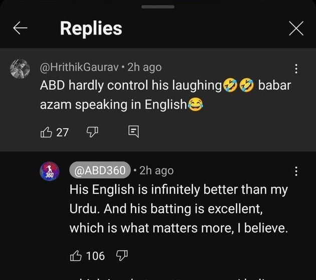 AB de Villiers' firm response to Indian's comment About Babar's English skill