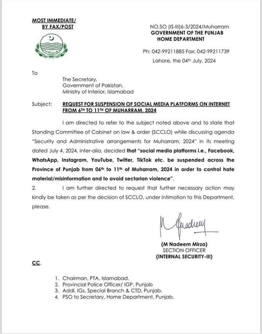 Punjab, Pakistan Social media suspension order letter