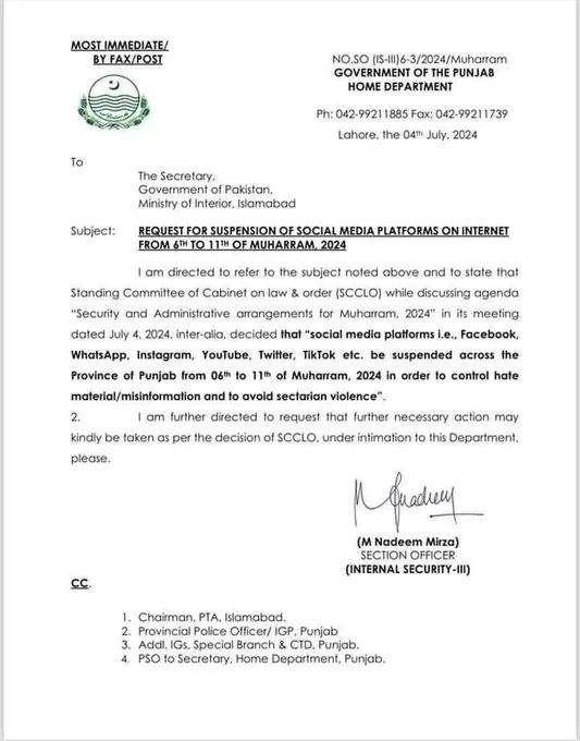 Punjab, Pakistan Social media suspension order letter