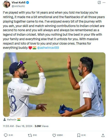 Virat Kohli's Emotional Tribute to Ashwin on His Retirement 2 Virat Kohli's Emotional Tribute to Ashwin on His Retirement