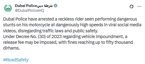 Dubai Police Fines Biker Over Social Media Wheelie Stunt 3 Dubai Police Fines Biker Over Social Media Wheelie Stunt