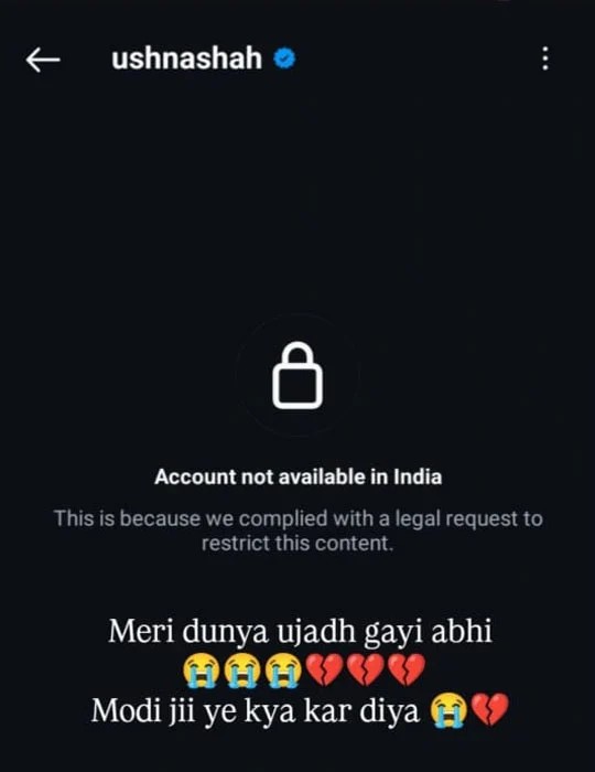 "Modi ji, yeh kya kar diya?" - Ushna Shah Shares Witty Post on Instagram Account Ban in India 1 "Modi ji, yeh kya kar diya?" - Ushna Shah Shares Witty Post on Instagram Account Ban in India