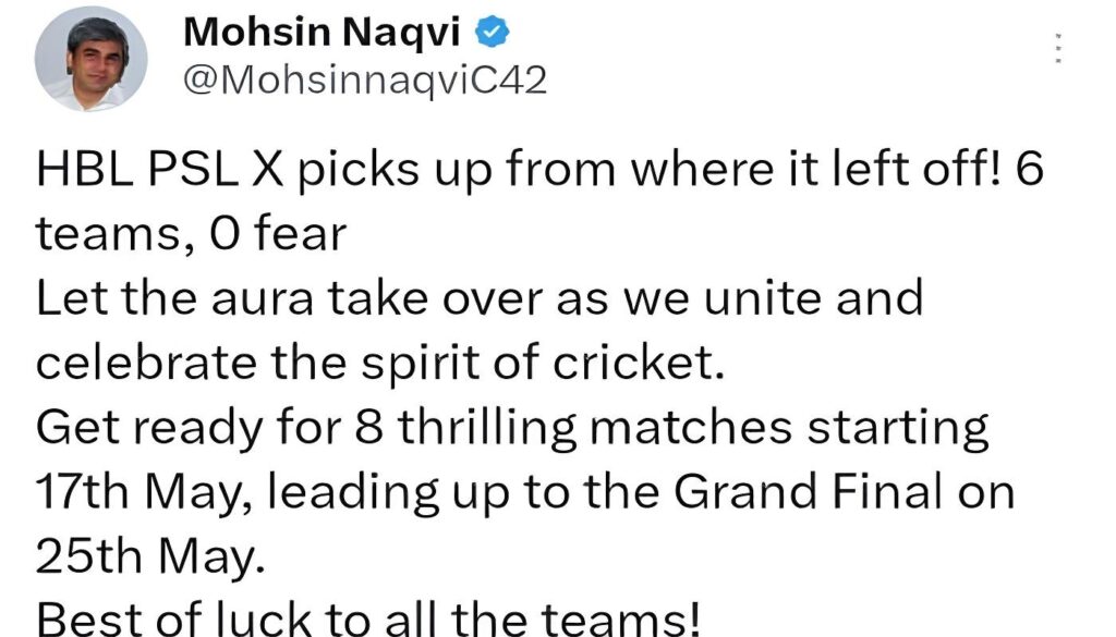 “6 Teams, 0 Fear”-Mohsin Naqvi Fires Subtle Shot at India as PSL 10 Resumes 1 “6 Teams, 0 Fear”-Mohsin Naqvi Fires Subtle Shot at India as PSL 10 Resumes
