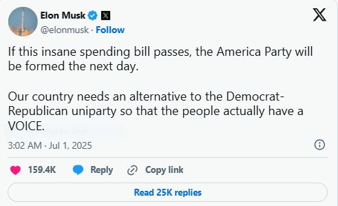 Musk Threatens to Launch 'The America Party' Against Trump's Legislation 1 Musk Threatens to Launch 'The America Party' Against Trump's Legislation