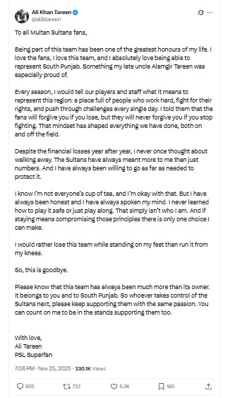 Multan Sultans Owner Ali Tareen Quits After Clash with PCB