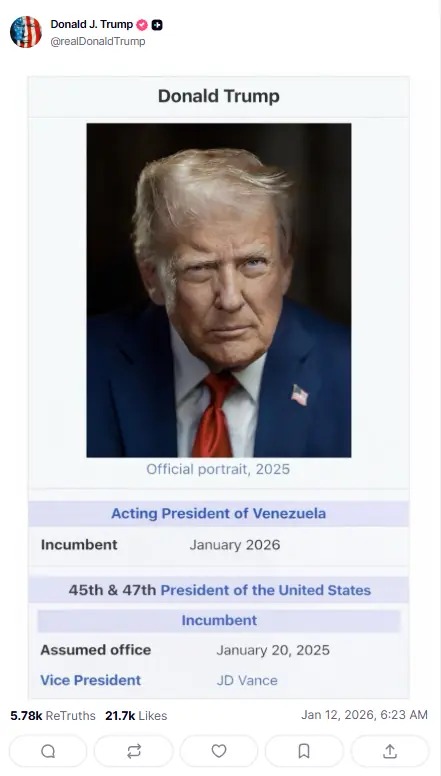 Trump Declares Himself ‘Interim President of Venezuela’ Amid Political Crisis